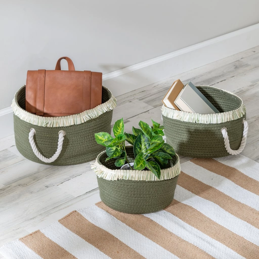 Wholesale ⌛ 6 Pack: Honey Can Do Olive Nesting Cotton Rope Baskets with Fringe Set ✔️ 4 Wholesale ⌛ 6 Pack: Honey Can Do Olive Nesting Cotton Rope Baskets with Fringe Set ✔️ - Image 2
