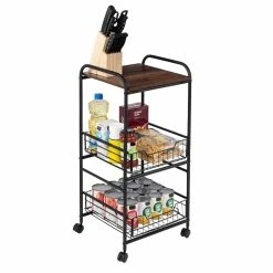 Deals ⌛ Honey Can Do Black & Natural 3-Tier Slim Rolling Cart 😍 -Honey Can Do Sales Store D598037S 3