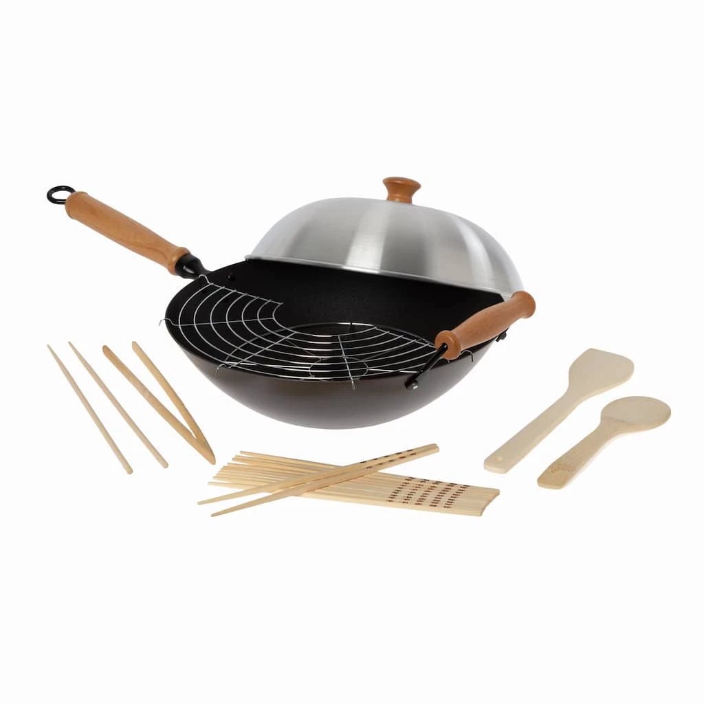 Outlet ❤️ Honey Can Do 14'' Joyce Chen Professional Series Carbon Steel Nonstick Wok Set w/ Lid & Maple Handles 🧨 3 Outlet ❤️ Honey Can Do 14'' Joyce Chen Professional Series Carbon Steel Nonstick Wok Set w/ Lid & Maple Handles 🧨